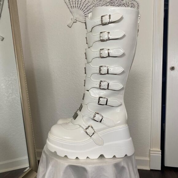 Women's Chunky Silver White Platform Knee High Buckle Boots Size US 10.5 - Picture 9 of 10